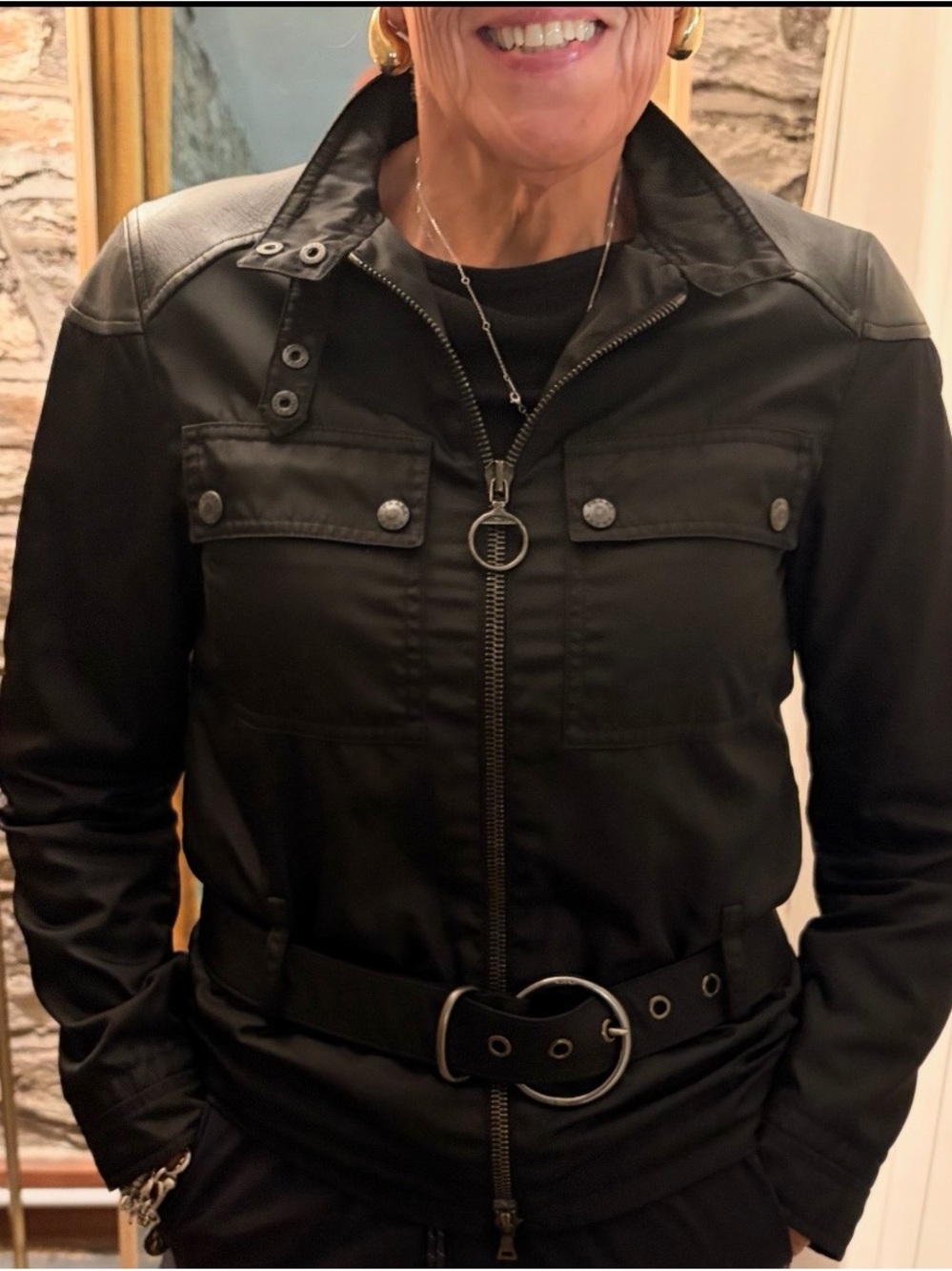 #927 Prada Vintage Made in Italy, Nylon Leather Belted Utility Motto Jacket